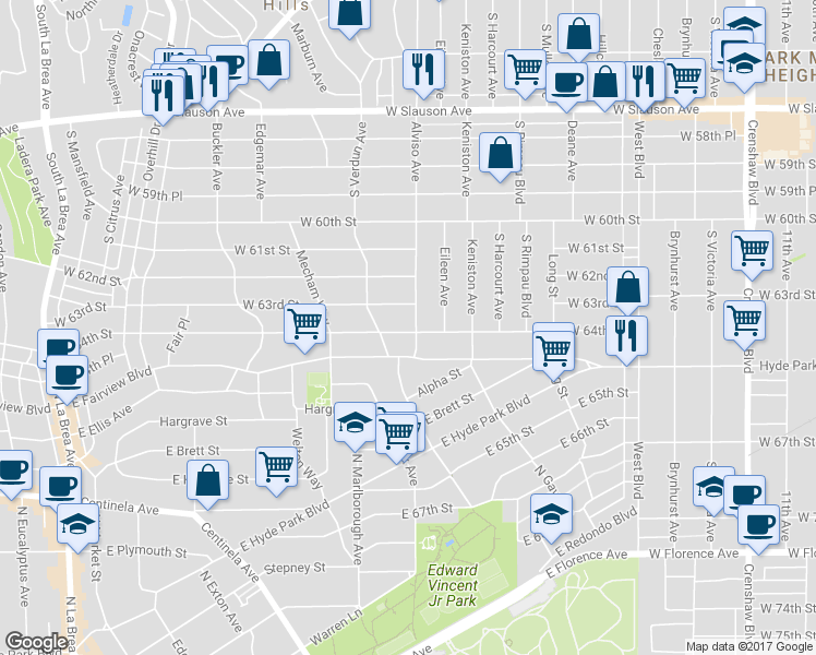 map of restaurants, bars, coffee shops, grocery stores, and more near 6325 Alviso Avenue in Los Angeles
