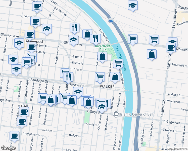 map of restaurants, bars, coffee shops, grocery stores, and more near 6117 Alamo Avenue in Maywood