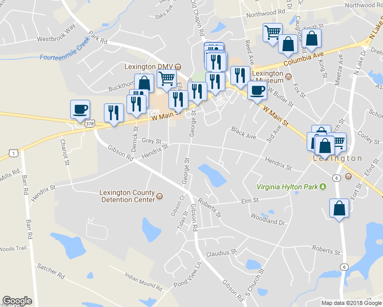 map of restaurants, bars, coffee shops, grocery stores, and more near 301 George Street in Lexington