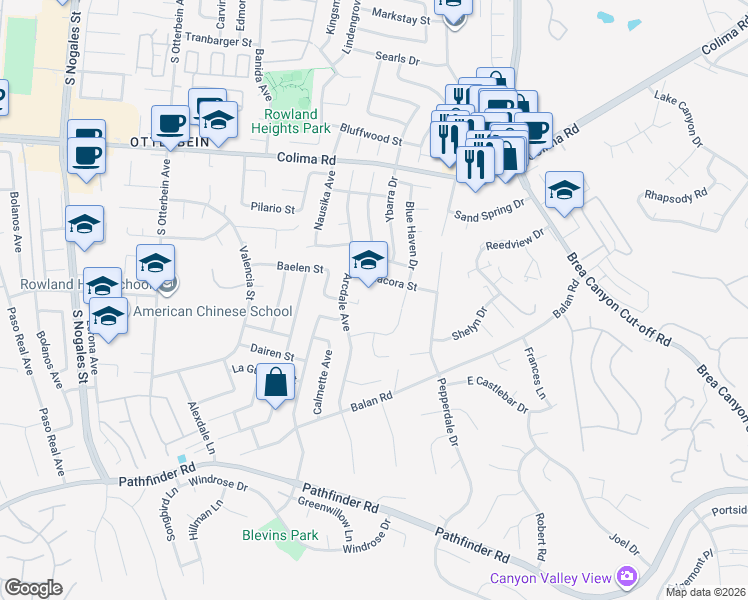 map of restaurants, bars, coffee shops, grocery stores, and more near 19500 Nacora Street in Rowland Heights