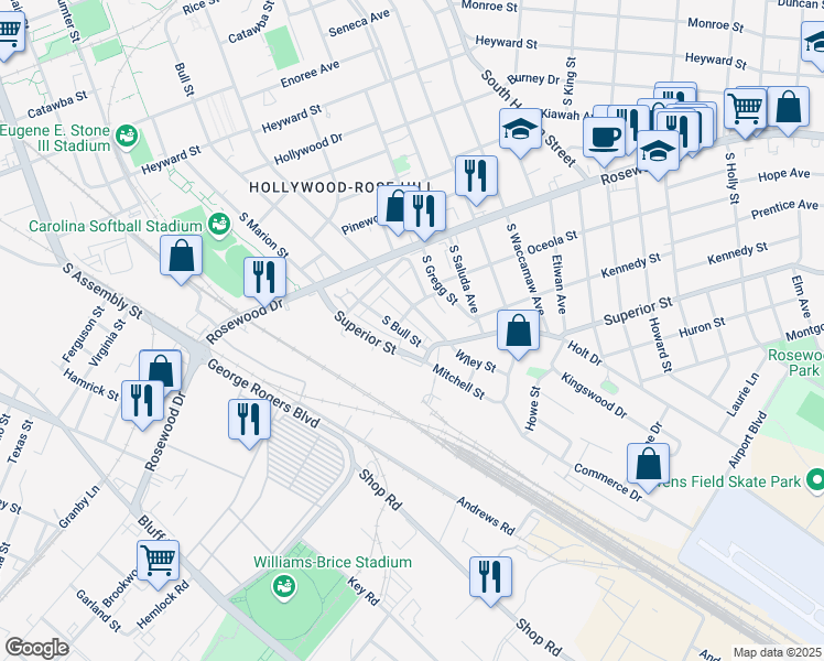 map of restaurants, bars, coffee shops, grocery stores, and more near 552 South Bull Street in Columbia