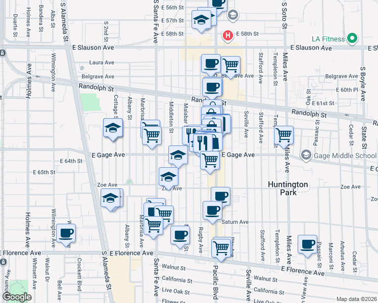 map of restaurants, bars, coffee shops, grocery stores, and more near 2501 East Gage Avenue in Huntington Park