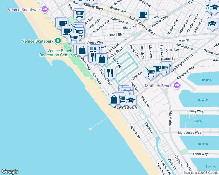 map of restaurants, bars, coffee shops, grocery stores, and more near 51 27th Avenue in Los Angeles