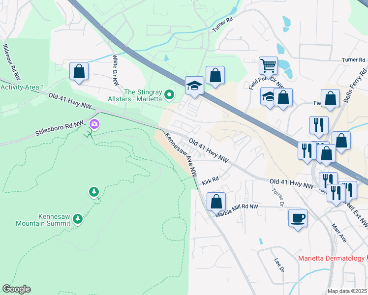 map of restaurants, bars, coffee shops, grocery stores, and more near 611 Parkside Village Way in Marietta
