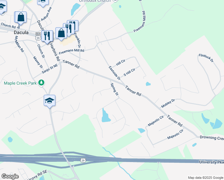 map of restaurants, bars, coffee shops, grocery stores, and more near 2675 Paul Thomas Drive in Dacula