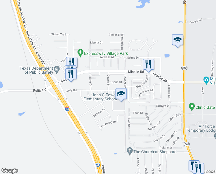 map of restaurants, bars, coffee shops, grocery stores, and more near 5304 Dewey Street in Wichita Falls