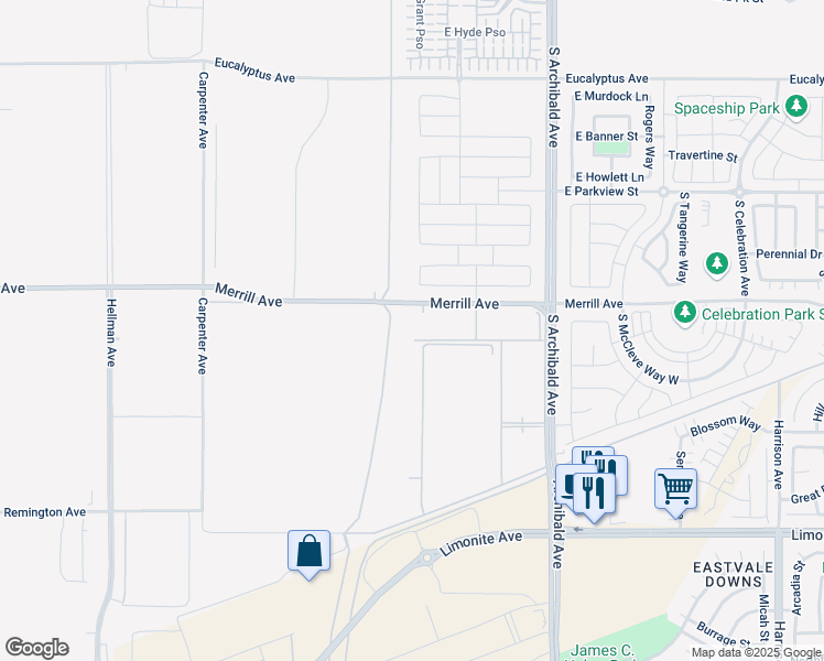 map of restaurants, bars, coffee shops, grocery stores, and more near 2510 Merrill Avenue in Ontario