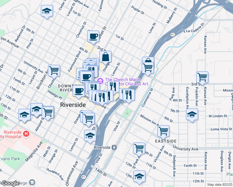 map of restaurants, bars, coffee shops, grocery stores, and more near 3500 Lime Street in Riverside