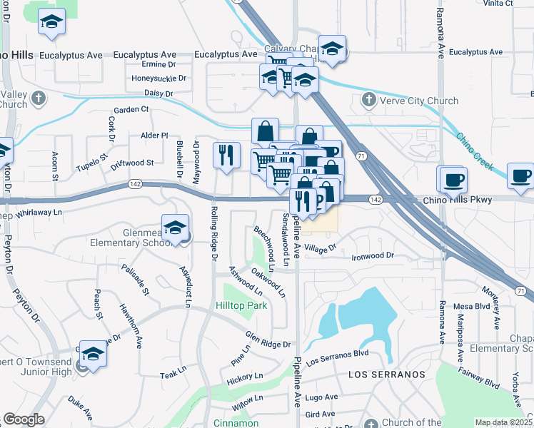 map of restaurants, bars, coffee shops, grocery stores, and more near 14950 Redwood Lane in Chino Hills