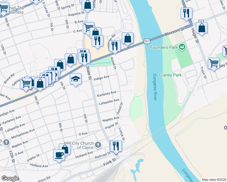 map of restaurants, bars, coffee shops, grocery stores, and more near 1227 Jessamine Street in Cayce