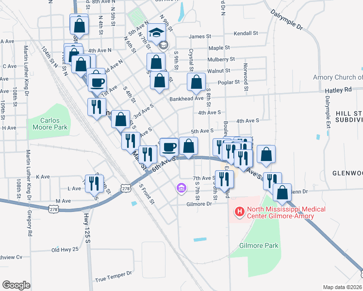 map of restaurants, bars, coffee shops, grocery stores, and more near 501-505 South 6th Street in Amory