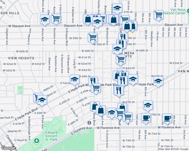 map of restaurants, bars, coffee shops, grocery stores, and more near 6336 West Boulevard in Los Angeles