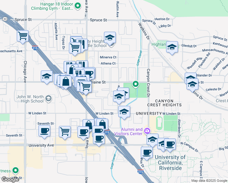 map of restaurants, bars, coffee shops, grocery stores, and more near 1130 West Blaine Street in Riverside