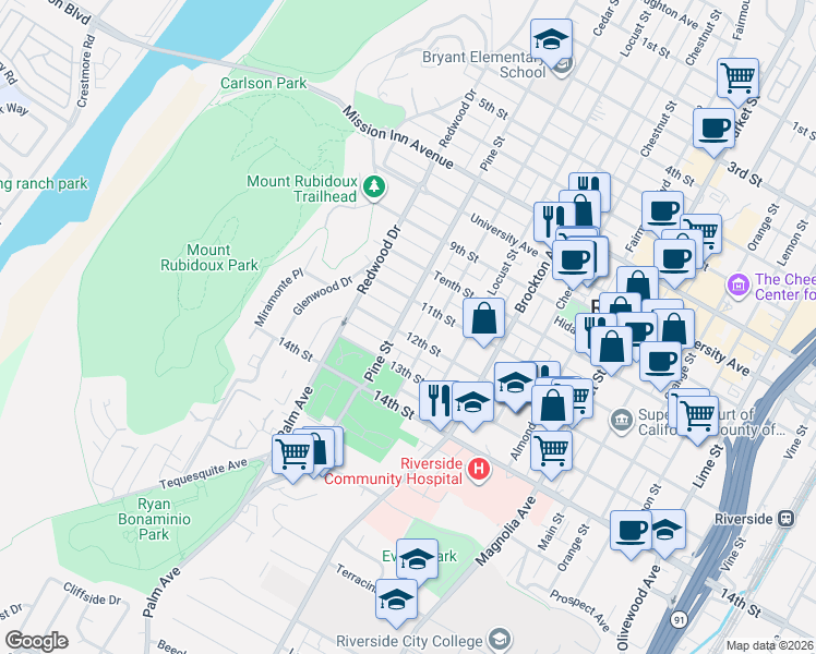 map of restaurants, bars, coffee shops, grocery stores, and more near 4372 11th Street in Riverside
