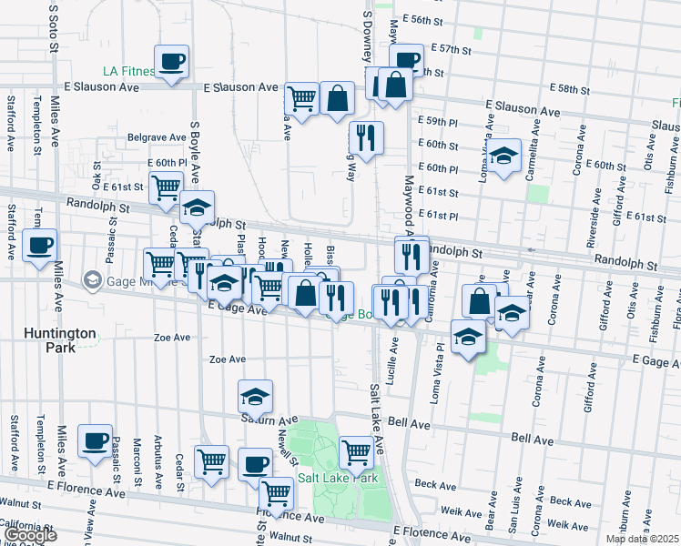 map of restaurants, bars, coffee shops, grocery stores, and more near 6228 Bissell Street in Huntington Park