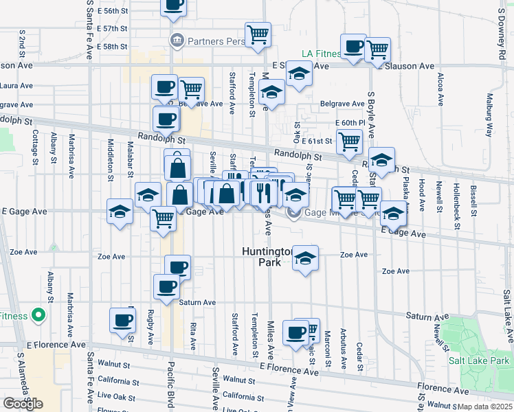 map of restaurants, bars, coffee shops, grocery stores, and more near 6337 Miles Avenue in Huntington Park