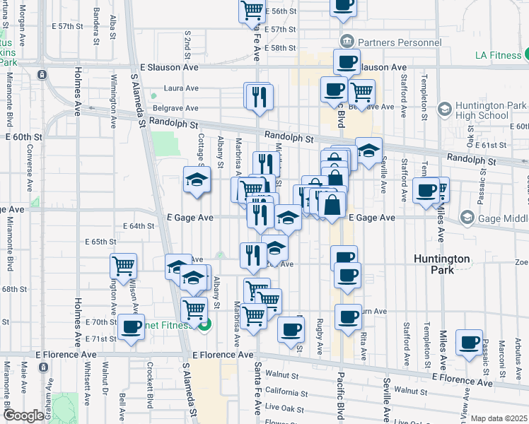 map of restaurants, bars, coffee shops, grocery stores, and more near 6340 Santa Fe Avenue in Huntington Park