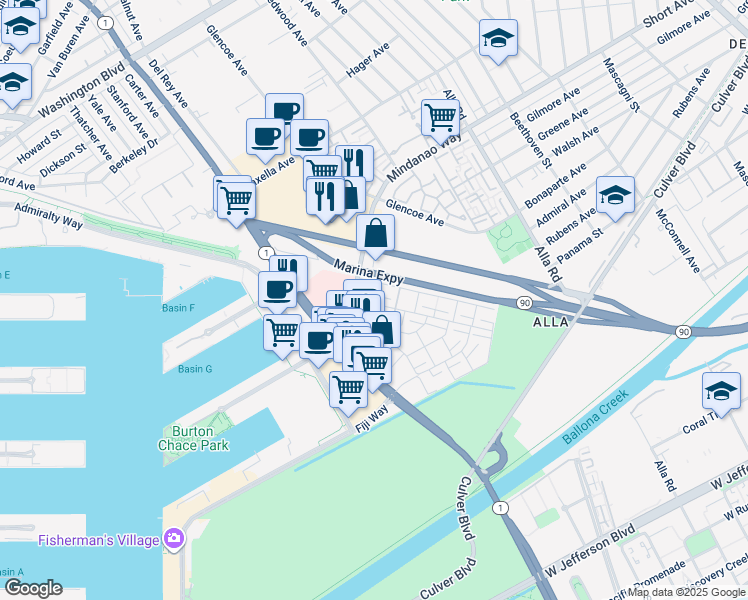 map of restaurants, bars, coffee shops, grocery stores, and more near 4710 La Villa Marina in Marina del Rey