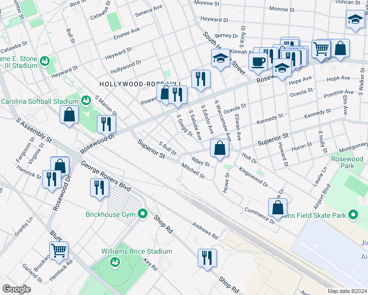 map of restaurants, bars, coffee shops, grocery stores, and more near 1814 Oceola Street in Columbia