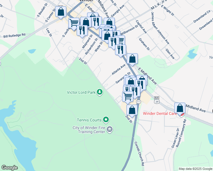 map of restaurants, bars, coffee shops, grocery stores, and more near 41 Savannah Street in Winder