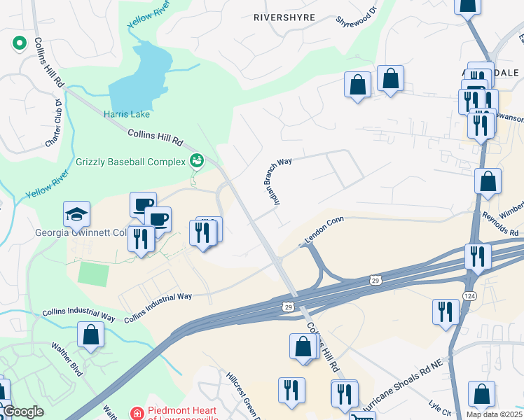 map of restaurants, bars, coffee shops, grocery stores, and more near 28 Indian Branch Way in Lawrenceville
