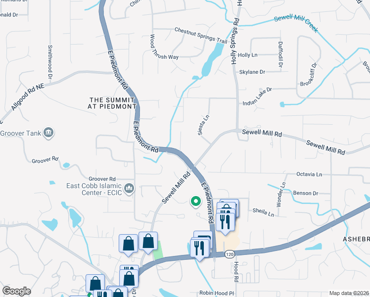 map of restaurants, bars, coffee shops, grocery stores, and more near 1315 Siesta Lane in Marietta