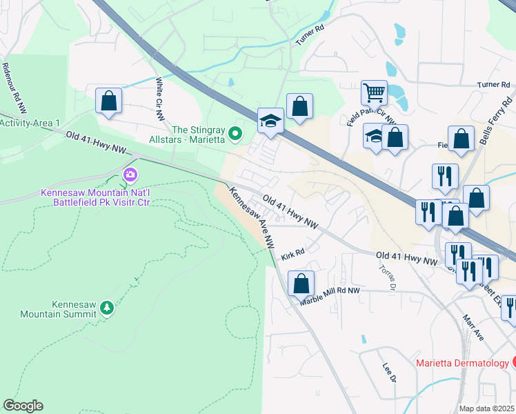 map of restaurants, bars, coffee shops, grocery stores, and more near 611 Parkside Village Way in Marietta