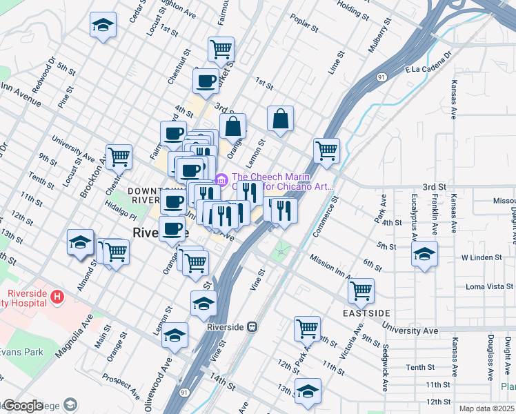 map of restaurants, bars, coffee shops, grocery stores, and more near 3600 Lime Street in Riverside