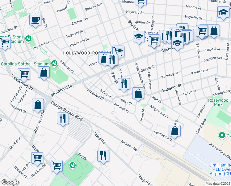 map of restaurants, bars, coffee shops, grocery stores, and more near 1814 Oceola Street in Columbia