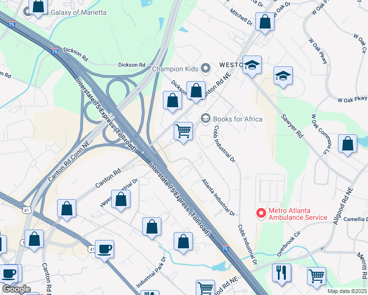 map of restaurants, bars, coffee shops, grocery stores, and more near 1250 Atlanta Industrial Drive in Marietta