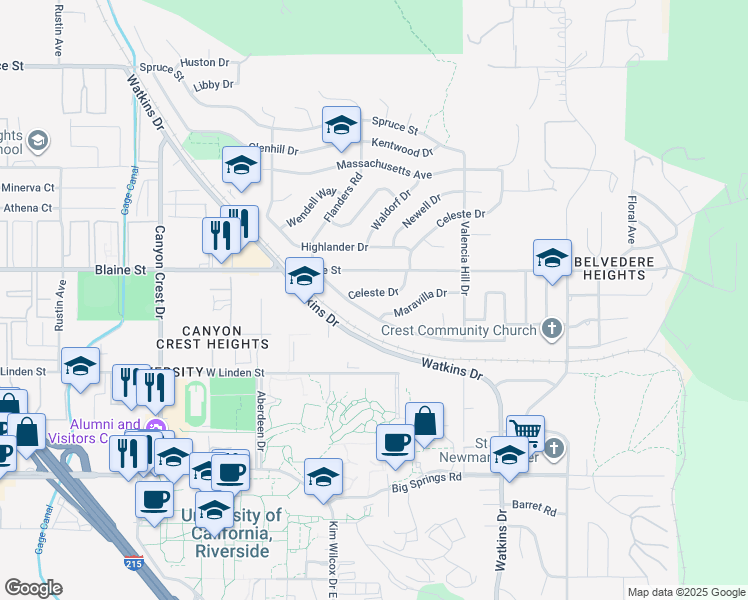 map of restaurants, bars, coffee shops, grocery stores, and more near 3360 Celeste Drive in Riverside