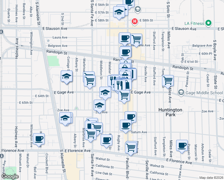 map of restaurants, bars, coffee shops, grocery stores, and more near 2501 East Gage Avenue in Huntington Park