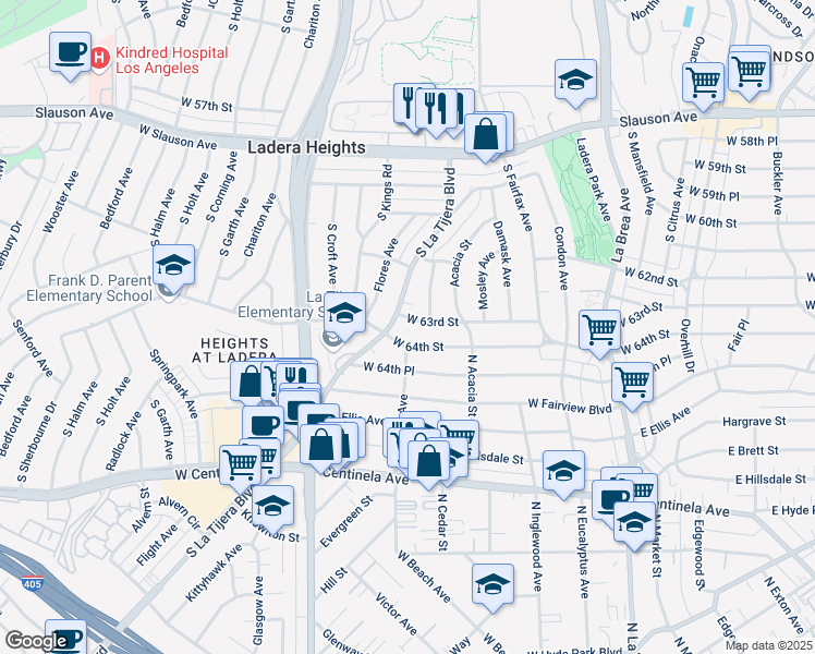 map of restaurants, bars, coffee shops, grocery stores, and more near 5020 West 63rd Street in Los Angeles