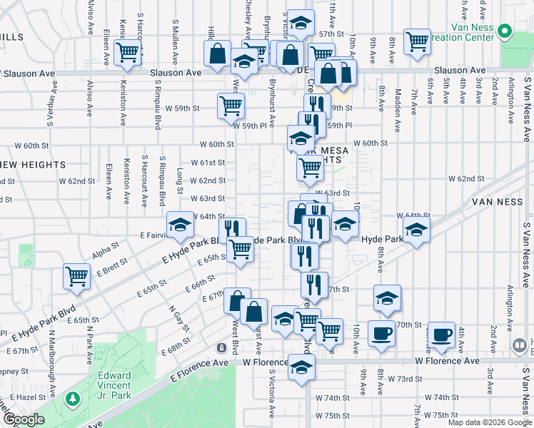 map of restaurants, bars, coffee shops, grocery stores, and more near 6334 Brynhurst Avenue in Los Angeles
