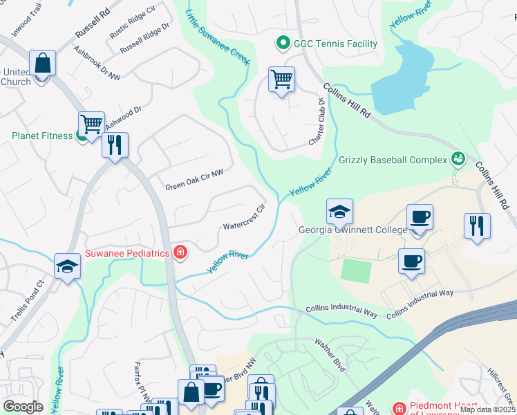 map of restaurants, bars, coffee shops, grocery stores, and more near 1684 Watercrest Circle in Lawrenceville