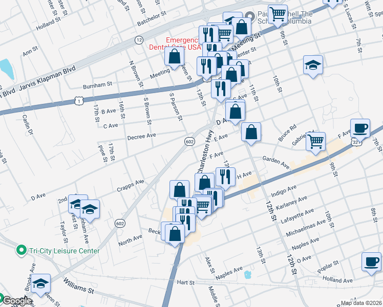 map of restaurants, bars, coffee shops, grocery stores, and more near 1315 Platt Springs Road in West Columbia