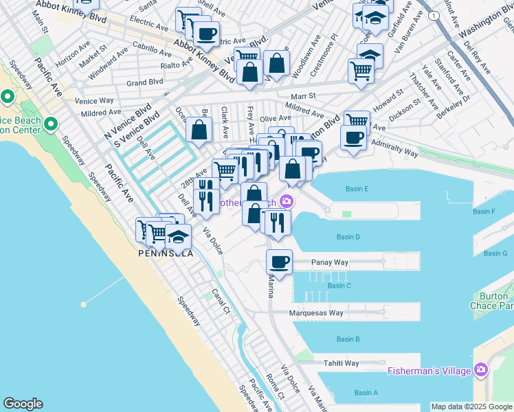 map of restaurants, bars, coffee shops, grocery stores, and more near 4100 Admiralty Way in Marina del Rey
