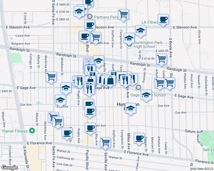 map of restaurants, bars, coffee shops, grocery stores, and more near 6336 Seville Avenue in Huntington Park
