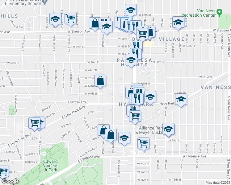 map of restaurants, bars, coffee shops, grocery stores, and more near 6314 Brynhurst Avenue in Los Angeles