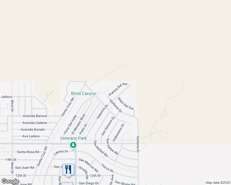 map of restaurants, bars, coffee shops, grocery stores, and more near 9127 Puesta Del Sol in Desert Hot Springs