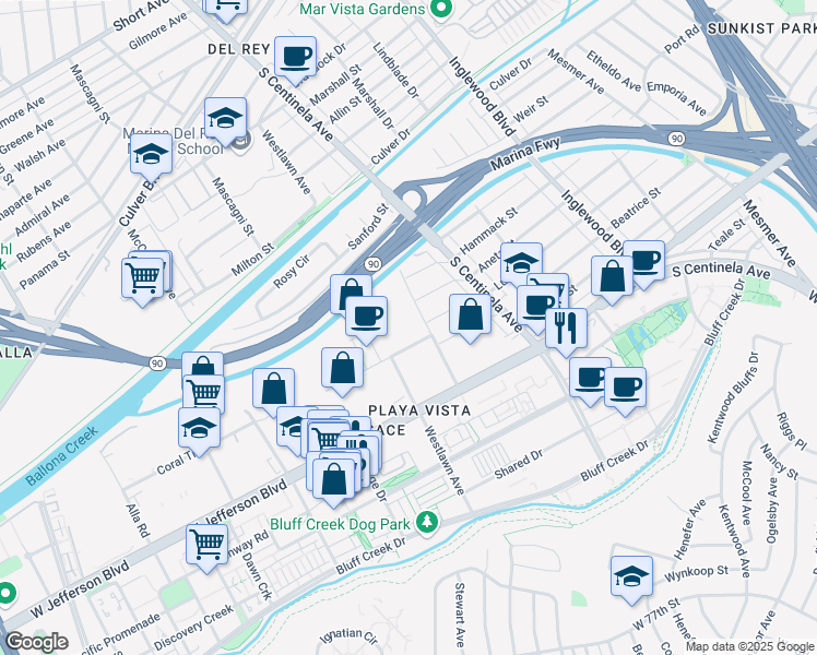 map of restaurants, bars, coffee shops, grocery stores, and more near 5425 Grosvenor Boulevard in Los Angeles