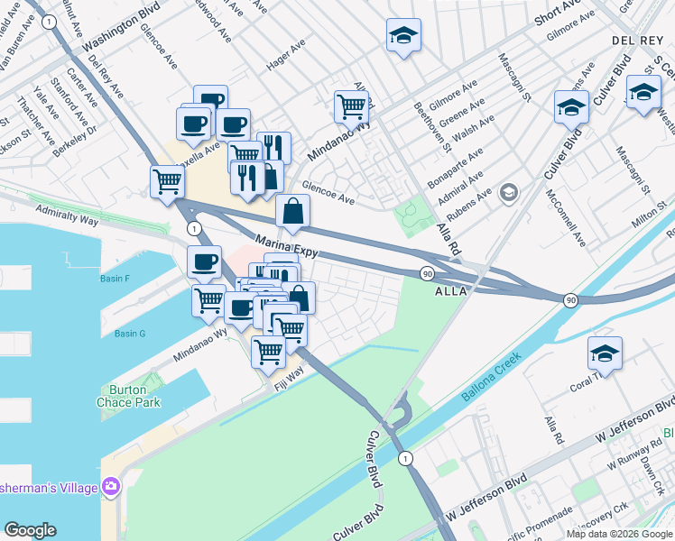 map of restaurants, bars, coffee shops, grocery stores, and more near 4748 La Villa Marina in Marina del Rey