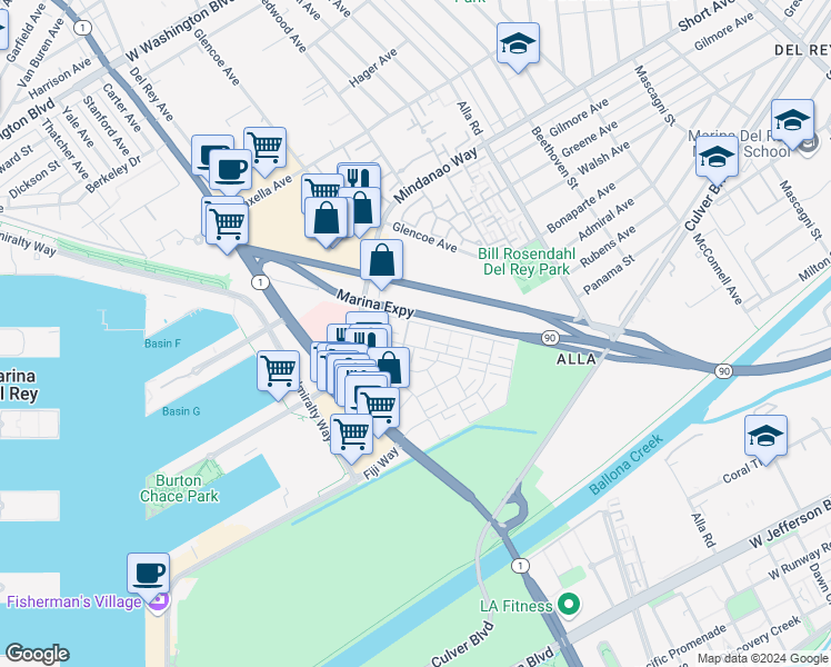 map of restaurants, bars, coffee shops, grocery stores, and more near 4734 La Villa Marina in Marina del Rey