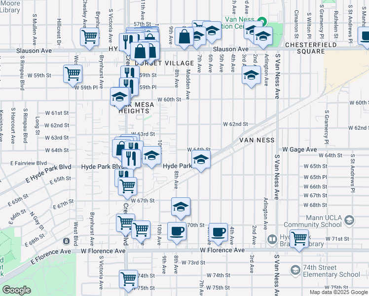 map of restaurants, bars, coffee shops, grocery stores, and more near 6333 Madden Avenue in Los Angeles