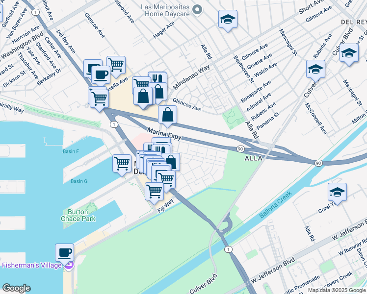 map of restaurants, bars, coffee shops, grocery stores, and more near 4738 La Villa Marina in Marina del Rey