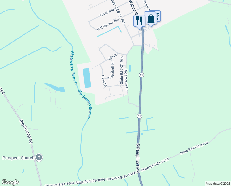 map of restaurants, bars, coffee shops, grocery stores, and more near 915 Quail Drive in Pamplico