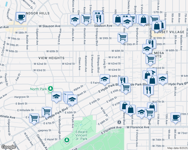 map of restaurants, bars, coffee shops, grocery stores, and more near 6330 South Harcourt Avenue in Los Angeles