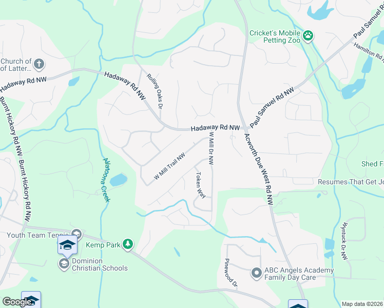 map of restaurants, bars, coffee shops, grocery stores, and more near 4212 West Mill Trail Northwest in Kennesaw