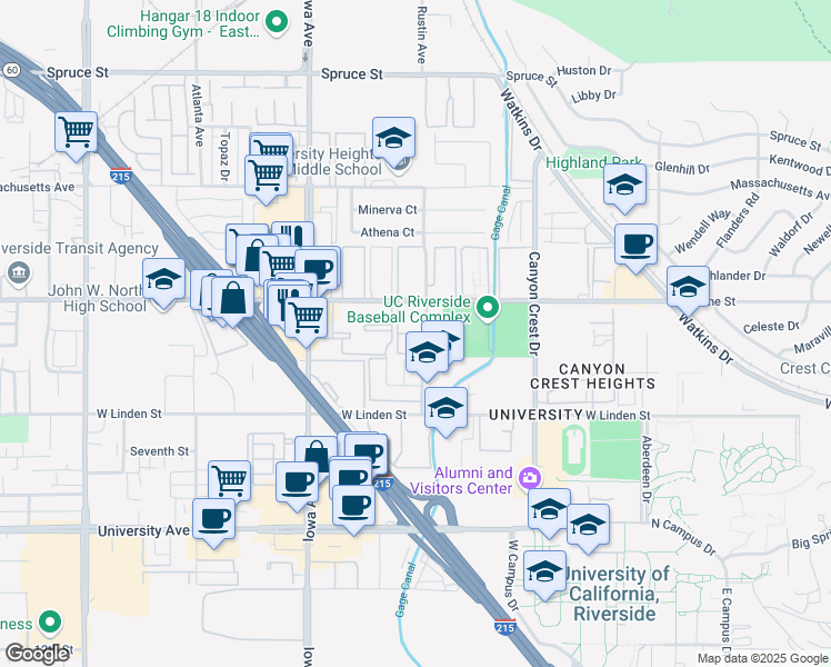map of restaurants, bars, coffee shops, grocery stores, and more near 1114 West Blaine Street in Riverside