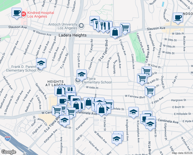 map of restaurants, bars, coffee shops, grocery stores, and more near 5020 West 63rd Street in Los Angeles